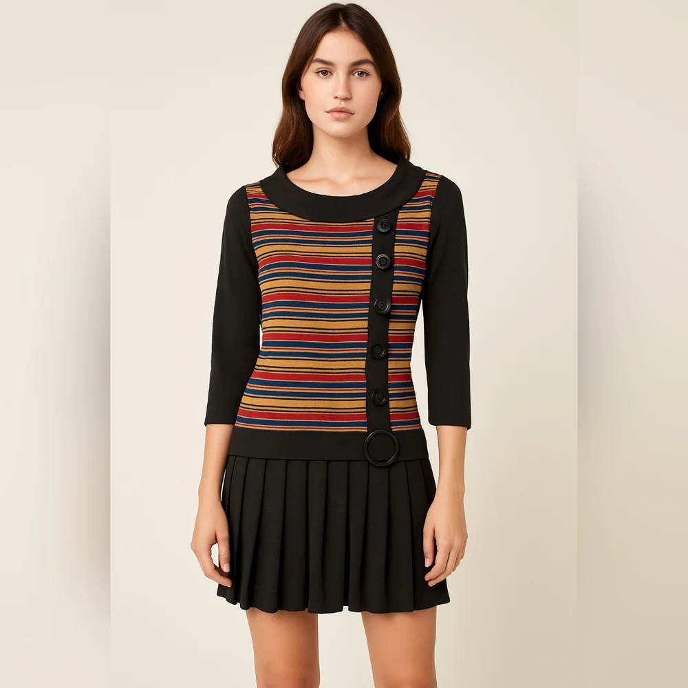 Yumi London Mod Stripe Knit Pleated Mini Sweater Dress Size 6 With 3/4 Sleeves - Picture 14 of 14